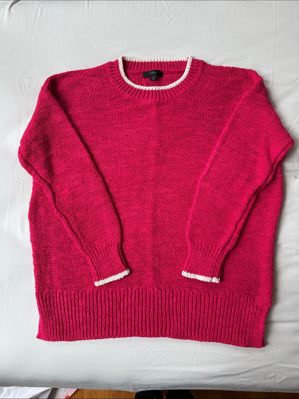 J. Crew Hot Pink Crewneck Sweater with White Trim